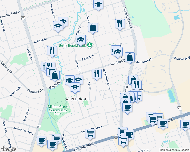 map of restaurants, bars, coffee shops, grocery stores, and more near 1 Magill Drive in Ajax