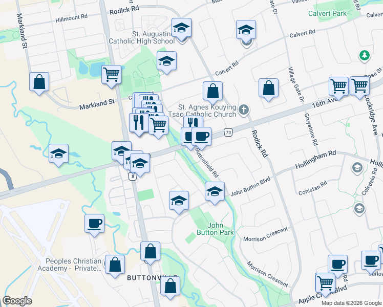 map of restaurants, bars, coffee shops, grocery stores, and more near 38 Buttonfield Road in Markham