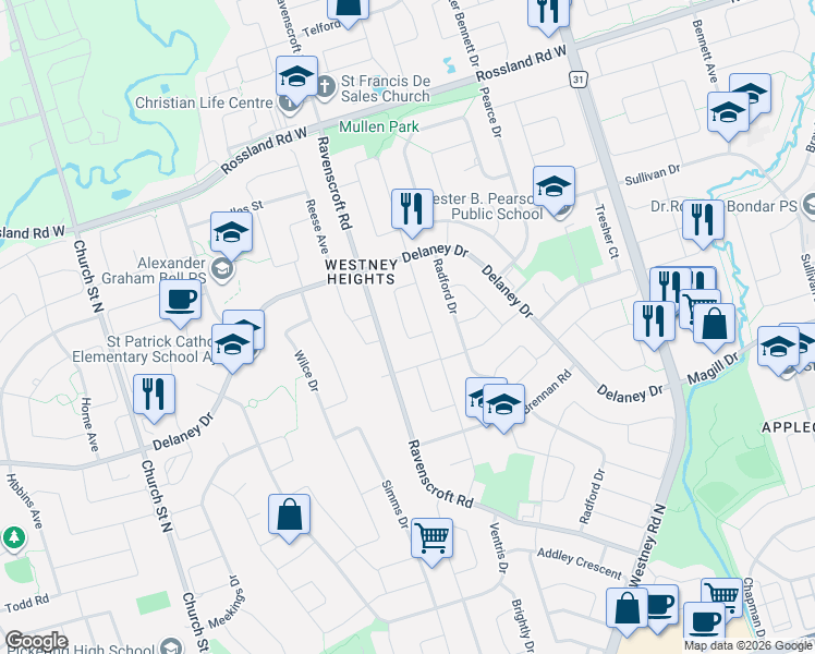 map of restaurants, bars, coffee shops, grocery stores, and more near 164 Daniels Crescent in Ajax