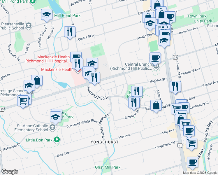 map of restaurants, bars, coffee shops, grocery stores, and more near 190 Harding Boulevard West in Richmond Hill