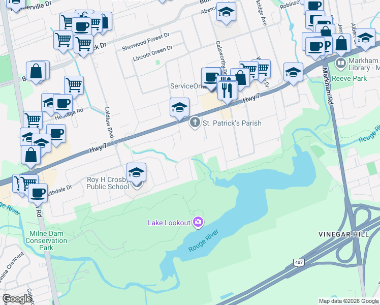 map of restaurants, bars, coffee shops, grocery stores, and more near 24 Drakefield Road in Markham