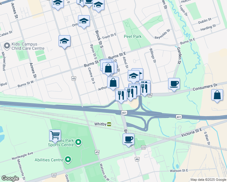 map of restaurants, bars, coffee shops, grocery stores, and more near 1122 Brock Street South in Whitby