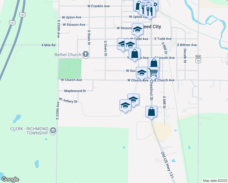 map of restaurants, bars, coffee shops, grocery stores, and more near 329 West Church Avenue in Reed City