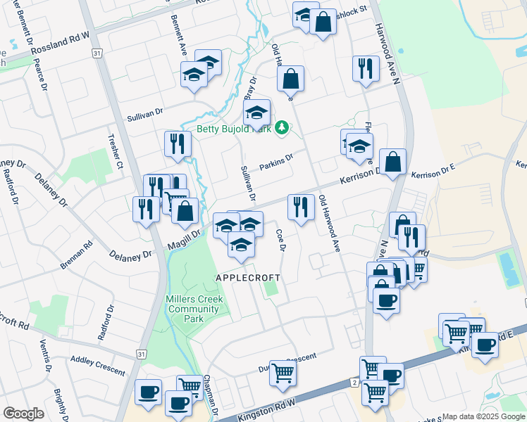map of restaurants, bars, coffee shops, grocery stores, and more near 43 Magill Drive in Ajax