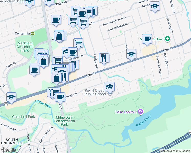 map of restaurants, bars, coffee shops, grocery stores, and more near 6 Gladiator Road in Markham