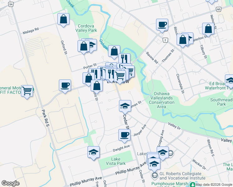 map of restaurants, bars, coffee shops, grocery stores, and more near in Oshawa