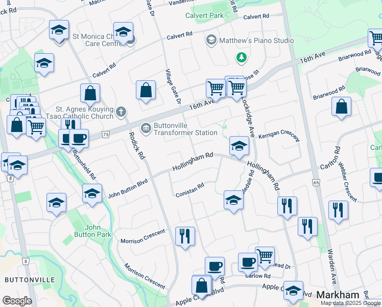 map of restaurants, bars, coffee shops, grocery stores, and more near 4 Greystone Road in Markham