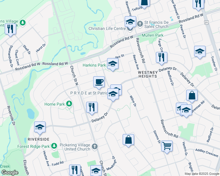 map of restaurants, bars, coffee shops, grocery stores, and more near 6 Harkins Drive in Ajax