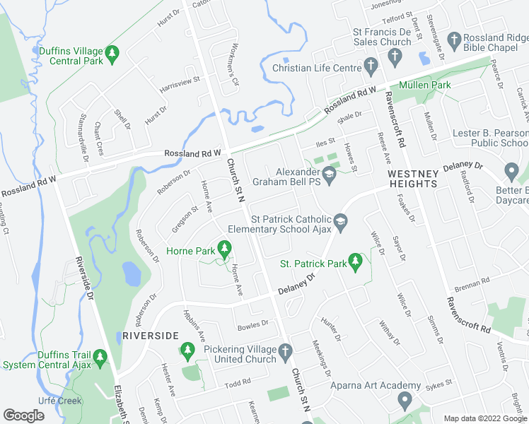 map of restaurants, bars, coffee shops, grocery stores, and more near 40 Weekes Drive in Ajax