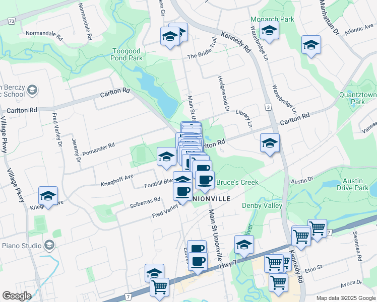 map of restaurants, bars, coffee shops, grocery stores, and more near 204 Main Street Unionville in Markham