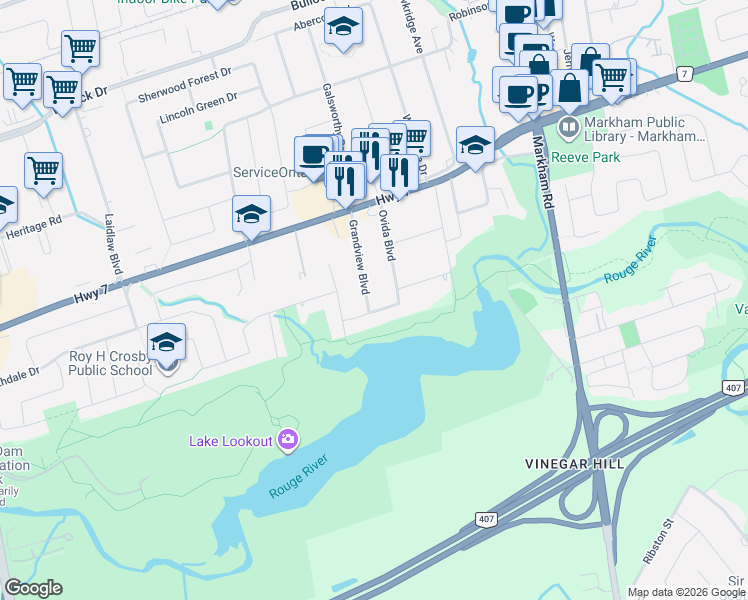 map of restaurants, bars, coffee shops, grocery stores, and more near 21 Grandview Boulevard in Markham