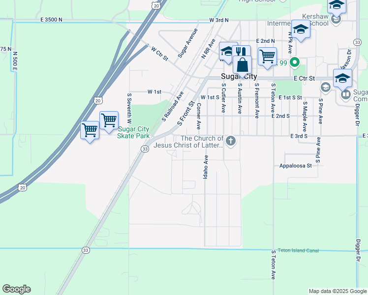 map of restaurants, bars, coffee shops, grocery stores, and more near 425 South 3rd West in Sugar City