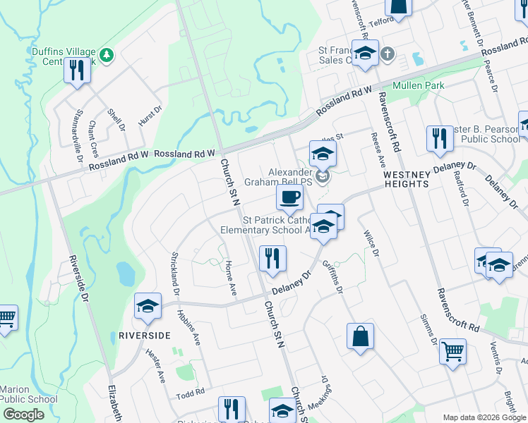 map of restaurants, bars, coffee shops, grocery stores, and more near 32 Weekes Drive in Ajax