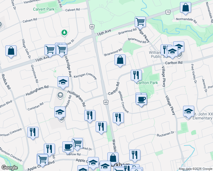 map of restaurants, bars, coffee shops, grocery stores, and more near 25 Stiver Court in Markham