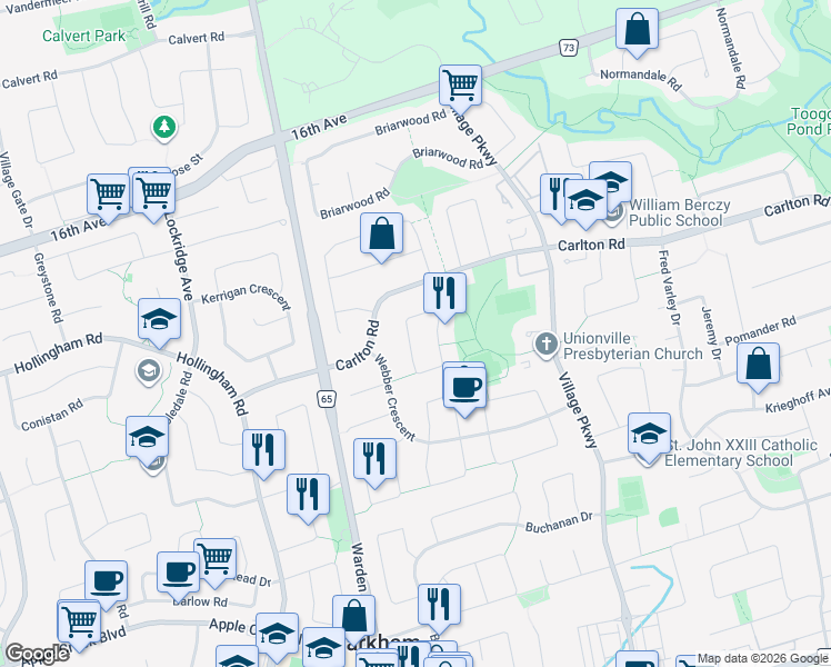 map of restaurants, bars, coffee shops, grocery stores, and more near 23 Liebeck Crescent in Markham