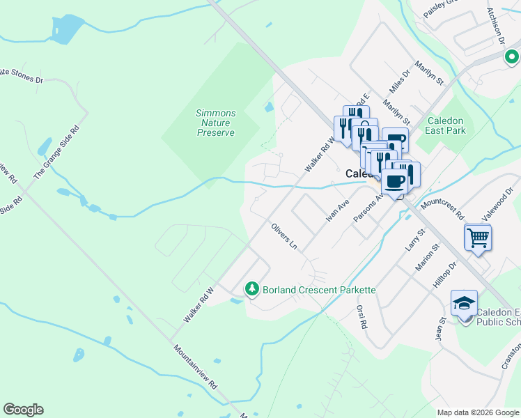 map of restaurants, bars, coffee shops, grocery stores, and more near 5 Filton Road in Caledon East