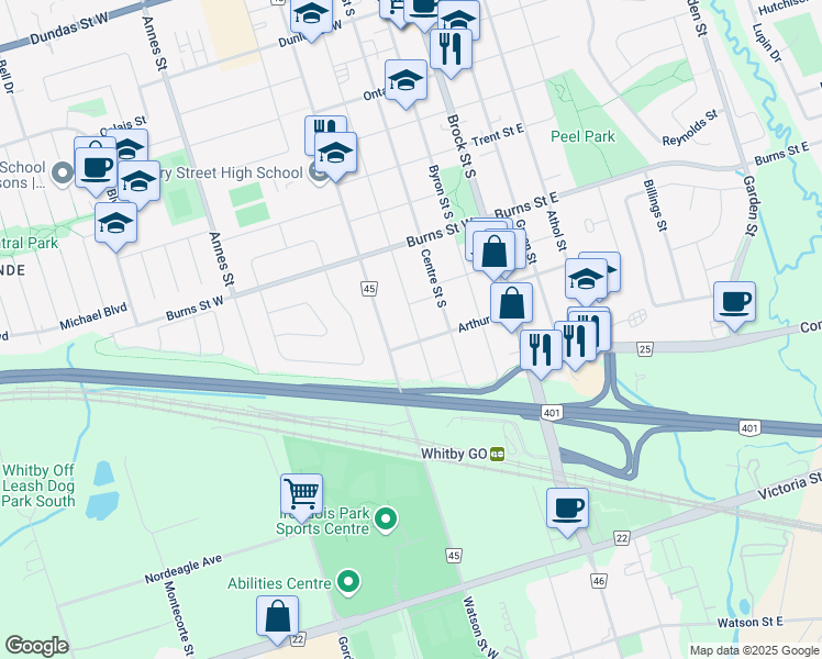 map of restaurants, bars, coffee shops, grocery stores, and more near 1024 King Street in Whitby