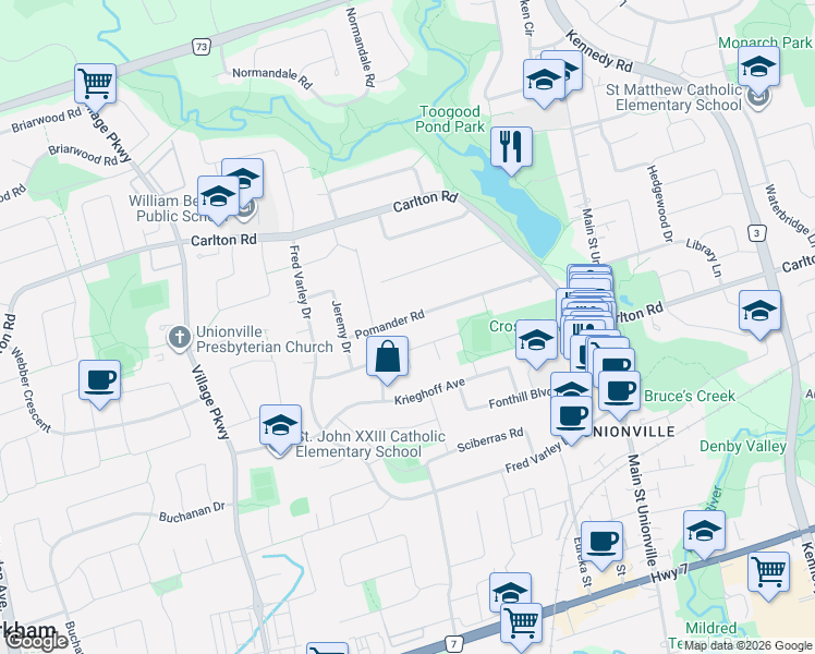 map of restaurants, bars, coffee shops, grocery stores, and more near 19 Pomander Road in Markham