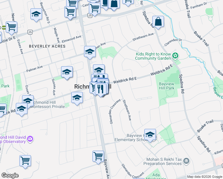 map of restaurants, bars, coffee shops, grocery stores, and more near 399 Weldrick Road East in Richmond Hill