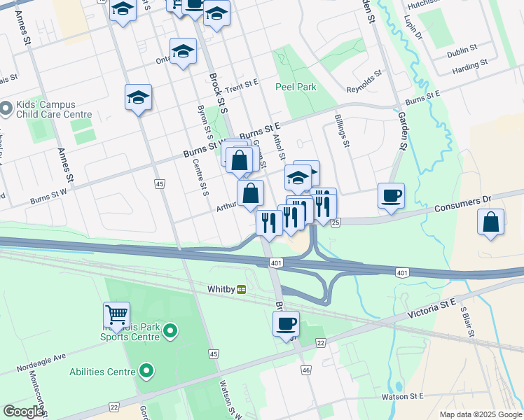 map of restaurants, bars, coffee shops, grocery stores, and more near 1141 Brock Street South in Whitby