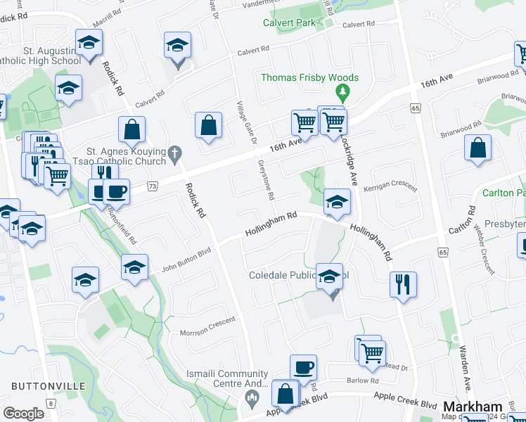 map of restaurants, bars, coffee shops, grocery stores, and more near 7 Brantwood Court in Markham
