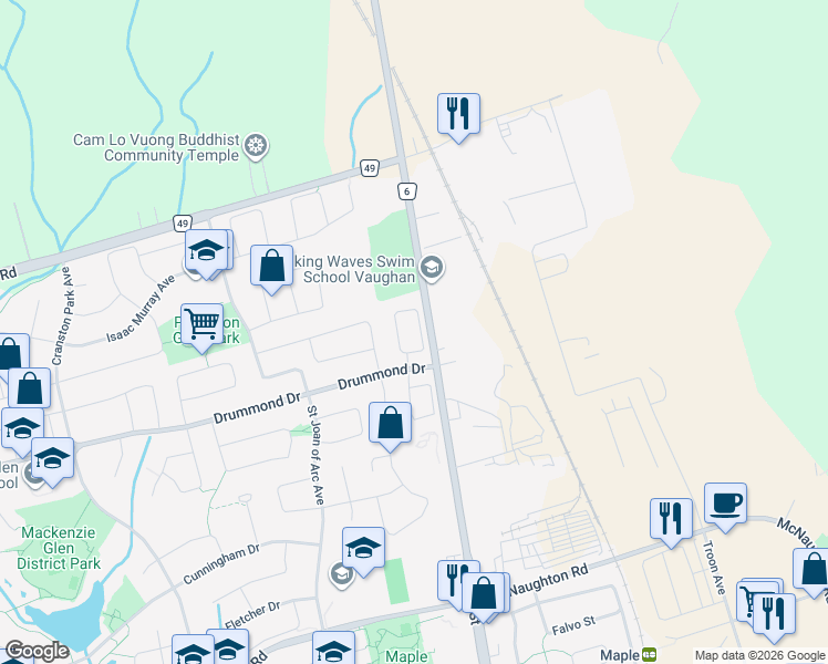 map of restaurants, bars, coffee shops, grocery stores, and more near 43 Treasure Hill Road in Vaughan