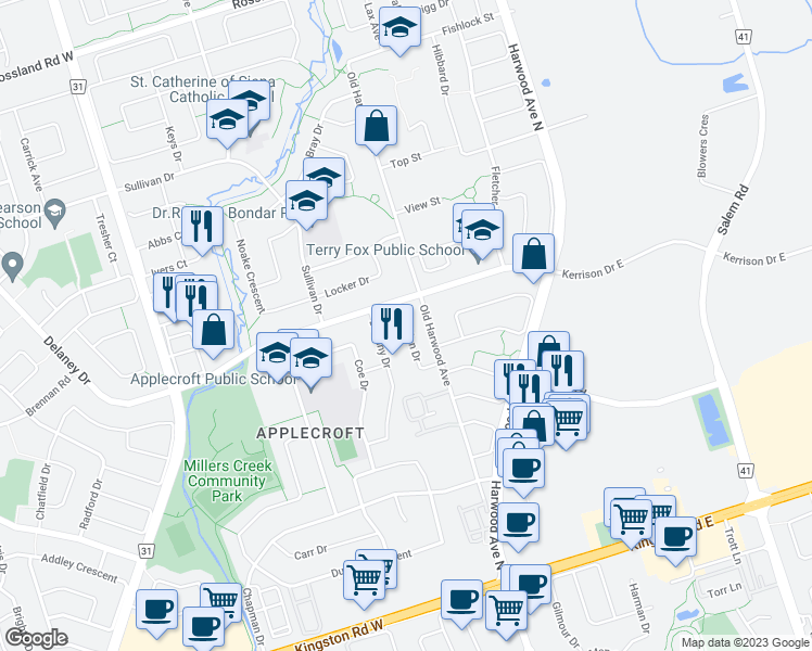 map of restaurants, bars, coffee shops, grocery stores, and more near Sheldon Drive in Ajax