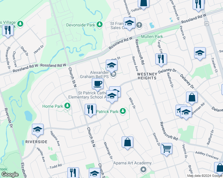 map of restaurants, bars, coffee shops, grocery stores, and more near 5 Harkins Drive in Ajax