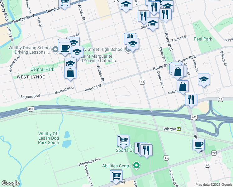 map of restaurants, bars, coffee shops, grocery stores, and more near 929 Greenwood Crescent in Whitby