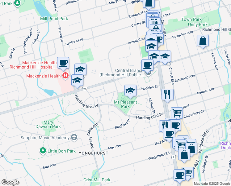 map of restaurants, bars, coffee shops, grocery stores, and more near 190 Harding Boulevard West in Richmond Hill