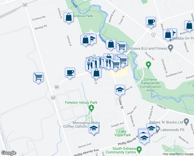 map of restaurants, bars, coffee shops, grocery stores, and more near 372 Calvert Court in Oshawa