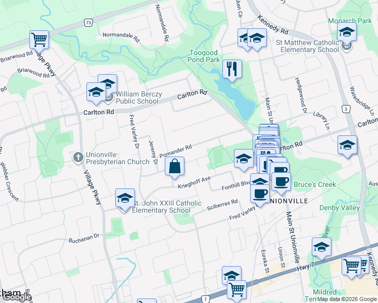 map of restaurants, bars, coffee shops, grocery stores, and more near 29 Pomander Road in Markham