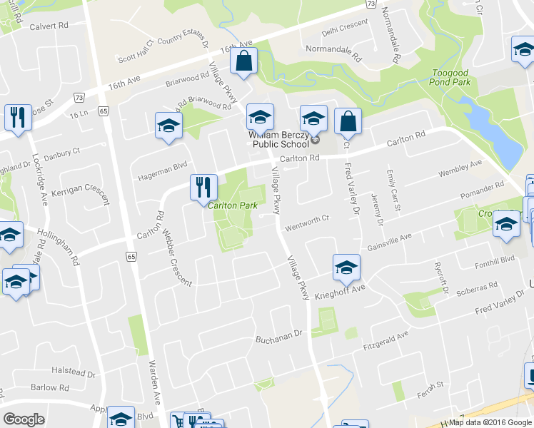 map of restaurants, bars, coffee shops, grocery stores, and more near Padget Place in Markham
