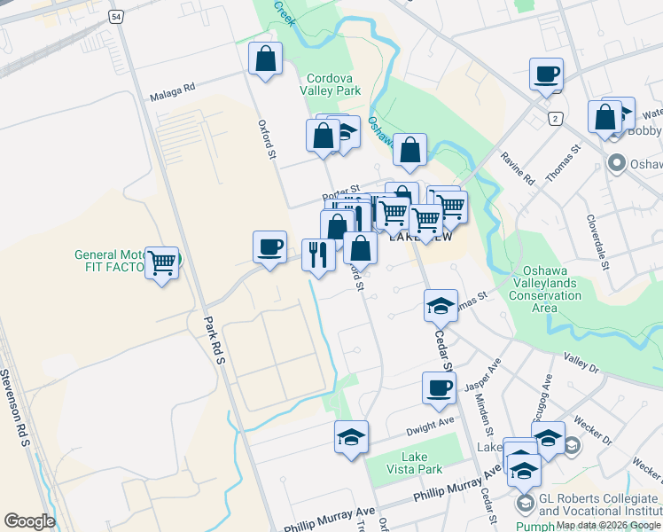 map of restaurants, bars, coffee shops, grocery stores, and more near 401 Wentworth Street West in Oshawa