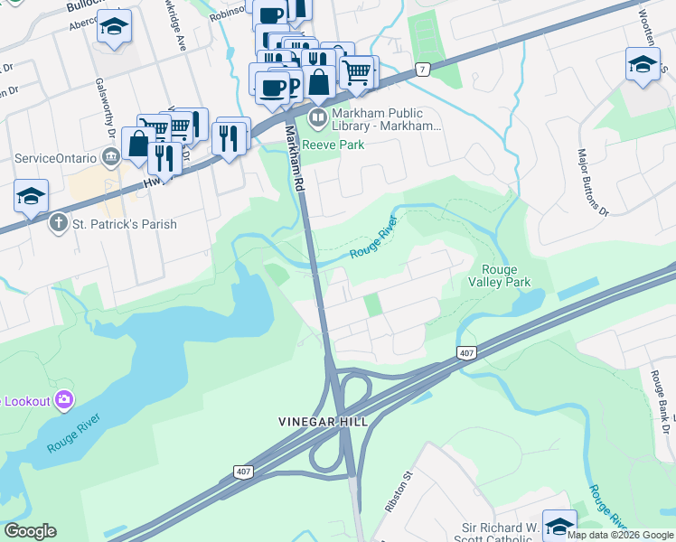 map of restaurants, bars, coffee shops, grocery stores, and more near 22 Mill Street in Markham