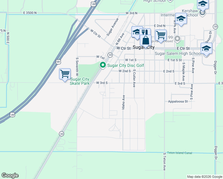 map of restaurants, bars, coffee shops, grocery stores, and more near 425 South 3rd West in Sugar City