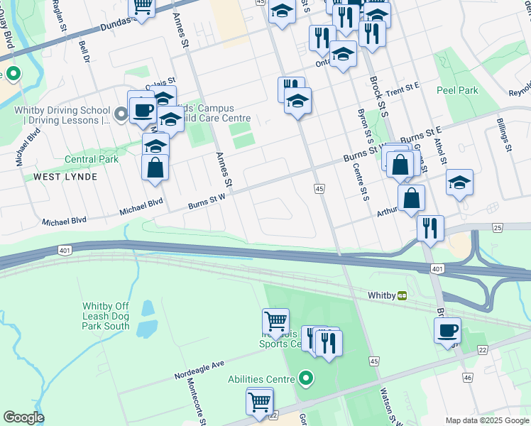 map of restaurants, bars, coffee shops, grocery stores, and more near 927 Greenwood Crescent in Whitby