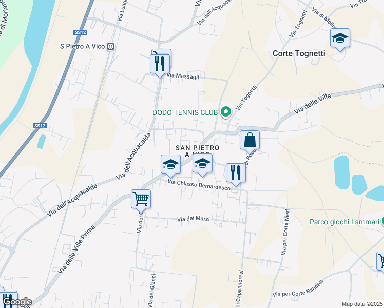 map of restaurants, bars, coffee shops, grocery stores, and more near Via delle Ville Prima in Lucca