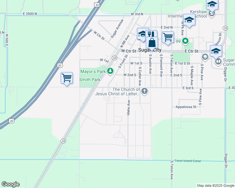 map of restaurants, bars, coffee shops, grocery stores, and more near 425 South 3rd West in Sugar City