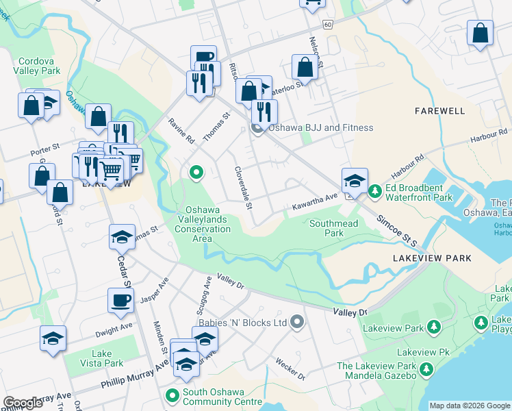 map of restaurants, bars, coffee shops, grocery stores, and more near in Oshawa