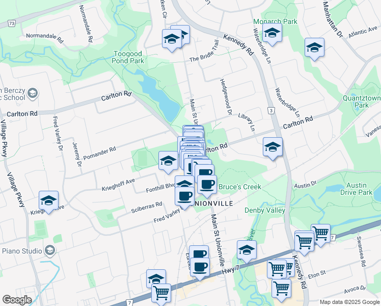 map of restaurants, bars, coffee shops, grocery stores, and more near 204 Main Street Unionville in Markham