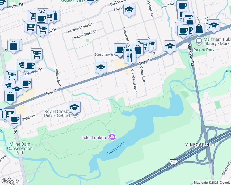map of restaurants, bars, coffee shops, grocery stores, and more near 14 Drakefield Road in Markham