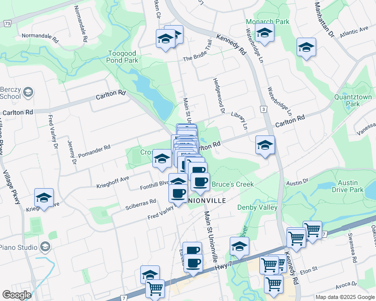map of restaurants, bars, coffee shops, grocery stores, and more near 204 Main Street Unionville in Markham
