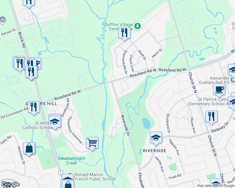 map of restaurants, bars, coffee shops, grocery stores, and more near 23 Foxtrot Lane in Ajax