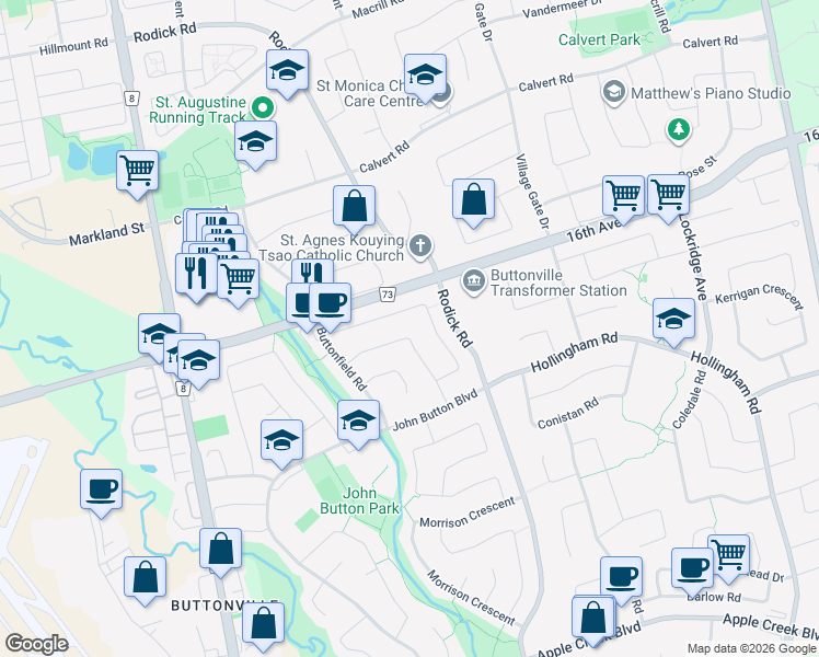 map of restaurants, bars, coffee shops, grocery stores, and more near 41 Militia Trail in Markham