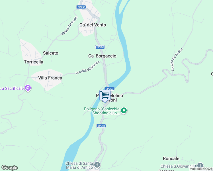 map of restaurants, bars, coffee shops, grocery stores, and more near 132 Via Ponte Baffoni in Provincia di Rimini