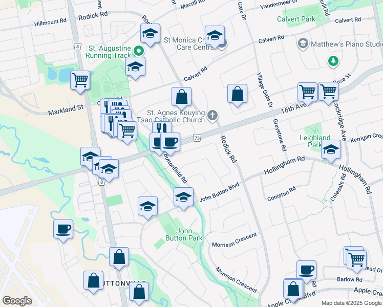 map of restaurants, bars, coffee shops, grocery stores, and more near 23 Cavalry Trail in Markham