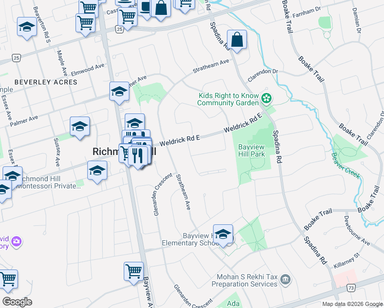 map of restaurants, bars, coffee shops, grocery stores, and more near 2 Vesta Drive in Richmond Hill