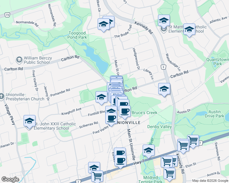 map of restaurants, bars, coffee shops, grocery stores, and more near 208 Main Street Unionville in Markham