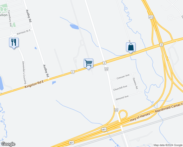 map of restaurants, bars, coffee shops, grocery stores, and more near 733 Kingston Road East in Ajax